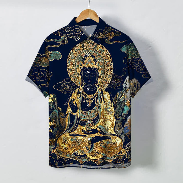 Buddha Stones Golden Buddha Cloud Pattern Buttons Wrinkle-resistant Men's Short Sleeve Shirt - MidnightBlue - US/UK/AU48，EU58 (4XL) - image 10
