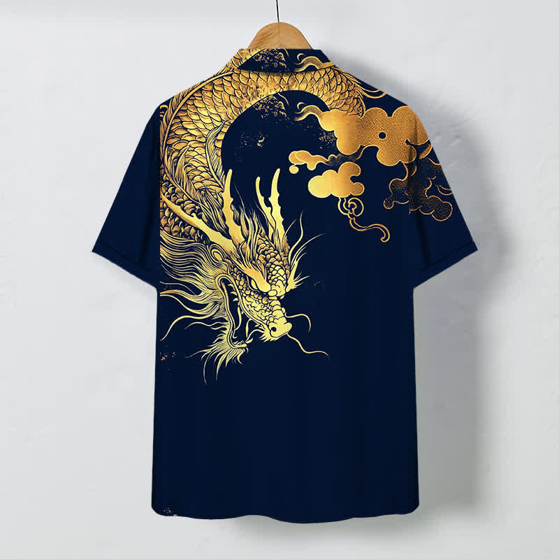 Buddha Stones Golden Dragon Cloud Pattern Buttons Wrinkle-resistant Men's Short Sleeve Shirt - image 1