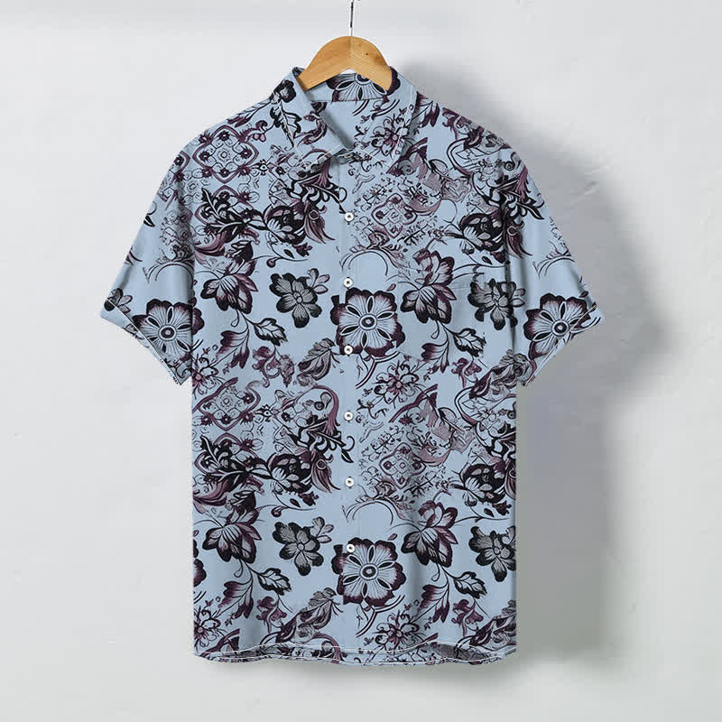 Buddha Stones Tropical Floral Leaf Pattern Buttons Wrinkle-resistant Men's Short Sleeve Shirt - LightBlue - US/UK/AU48，EU58 (4XL) - image 3