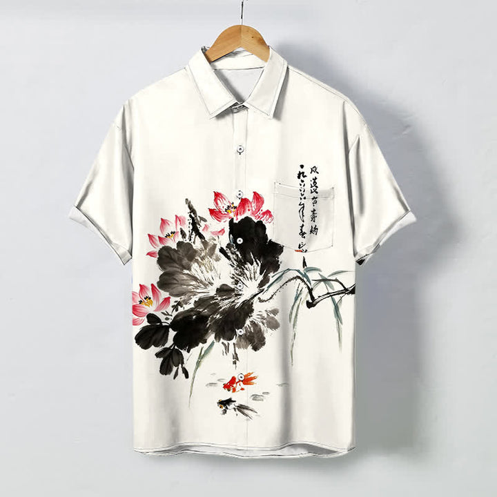 Buddha Stones Ink Lotus Koi Fish Pattern Buttons Breathable Men's Short Sleeve Shirt - Ivory - US/UK/AU48，EU58 (4XL) - image 0