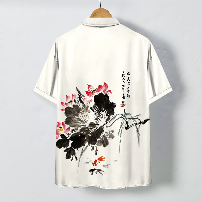 Buddha Stones Ink Lotus Koi Fish Pattern Buttons Breathable Men's Short Sleeve Shirt - image 1