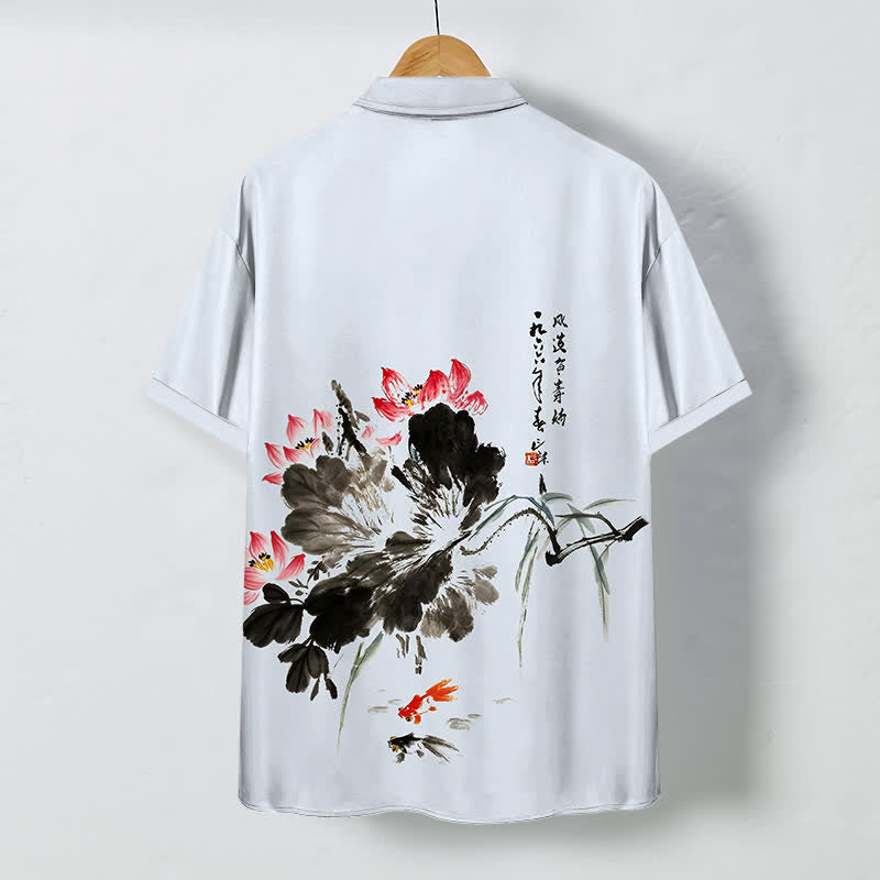 Buddha Stones Ink Lotus Koi Fish Pattern Buttons Breathable Men's Short Sleeve Shirt - image 7