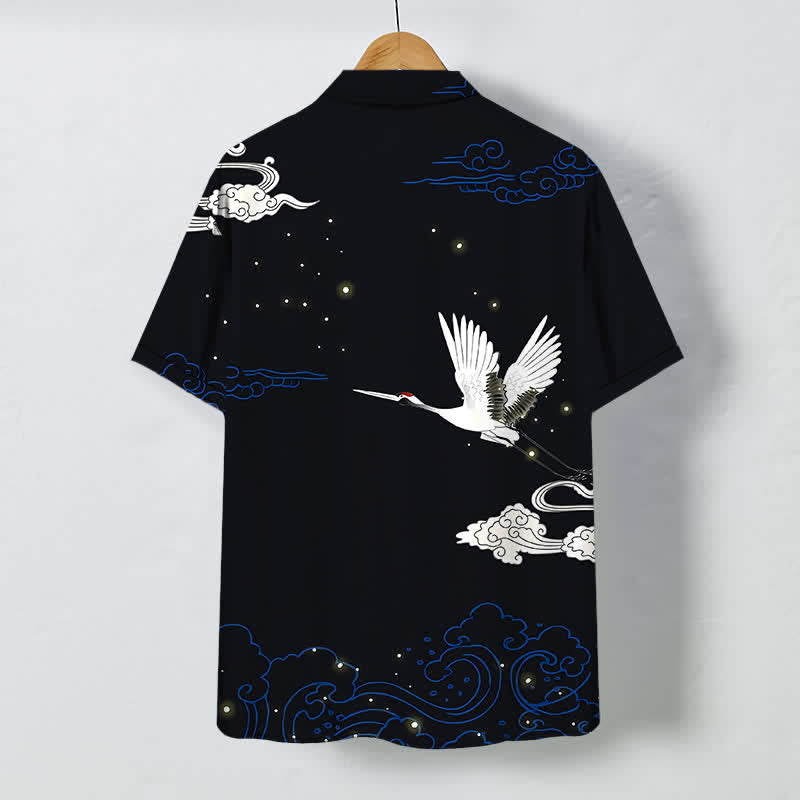 Buddha Stones Flying Crane Cloudwave Pattern Buttons Wrinkle-resistant Men's Short Sleeve Shirt - image 1