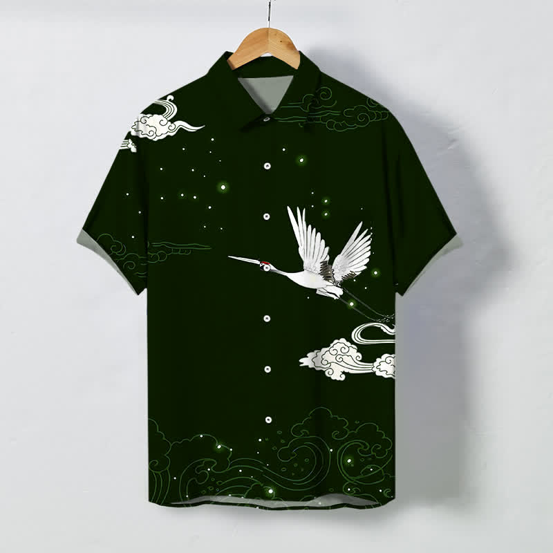 Buddha Stones Flying Crane Cloudwave Pattern Buttons Wrinkle-resistant Men's Short Sleeve Shirt - DarkGreen - US/UK/AU48，EU58 (4XL) - image 5