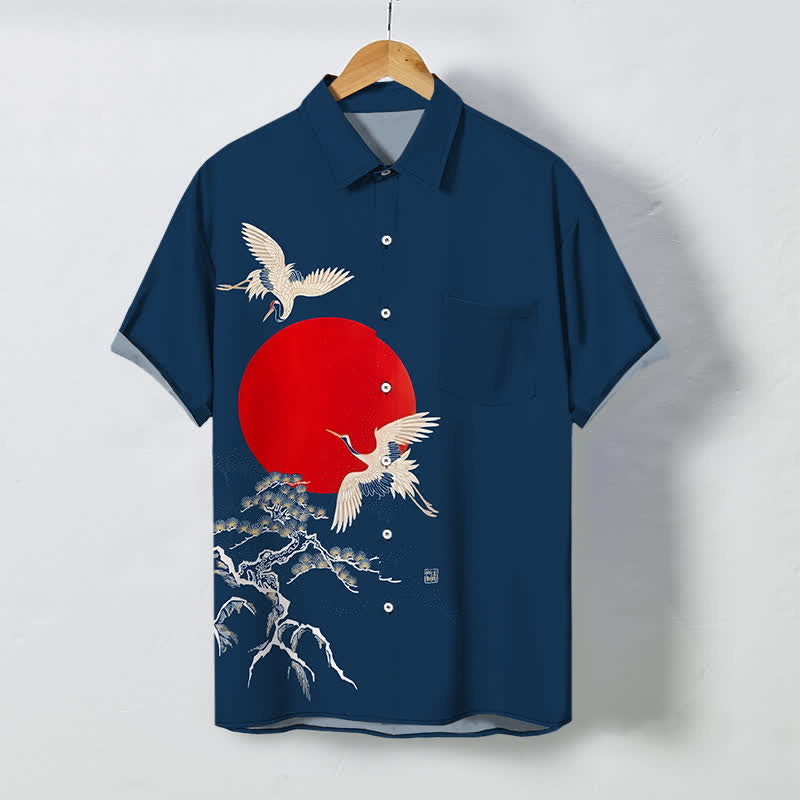 Buddha Stones Red Sun Crane Pine Pattern Buttons Wrinkle-resistant Men's Short Sleeve Shirt - Navy - US/UK/AU48，EU58 (4XL) - image 0
