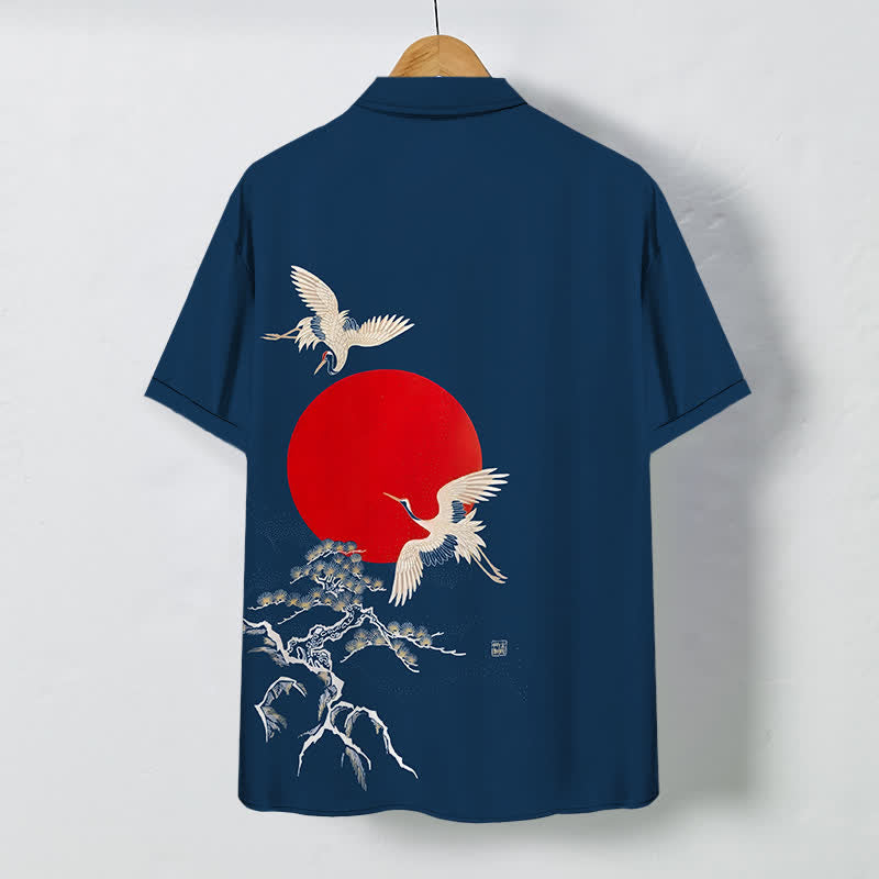 Buddha Stones Red Sun Crane Pine Pattern Buttons Wrinkle-resistant Men's Short Sleeve Shirt - image 1