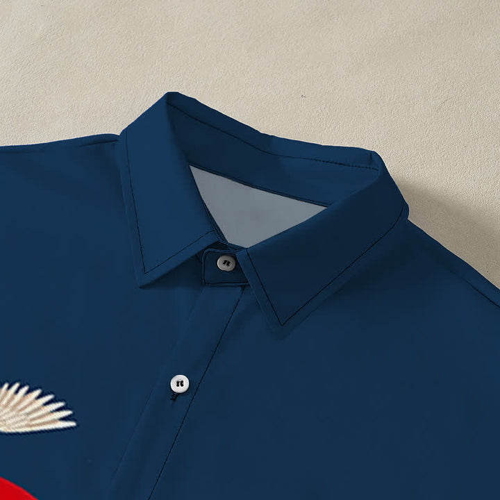 Buddha Stones Red Sun Crane Pine Pattern Buttons Wrinkle-resistant Men's Short Sleeve Shirt - image 2