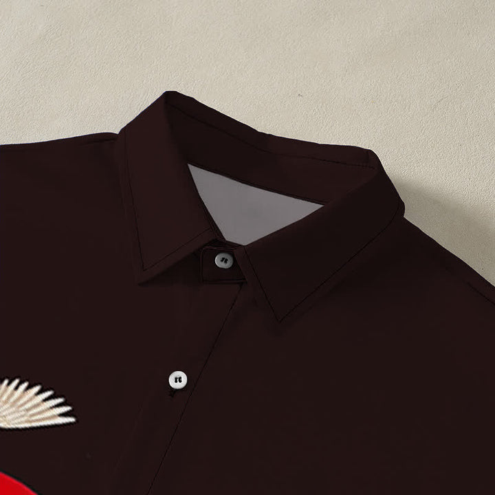 Buddha Stones Red Sun Crane Pine Pattern Buttons Wrinkle-resistant Men's Short Sleeve Shirt - image 12