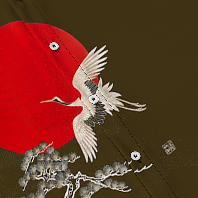 Buddha Stones Red Sun Crane Pine Pattern Buttons Wrinkle-resistant Men's Short Sleeve Shirt - image 8