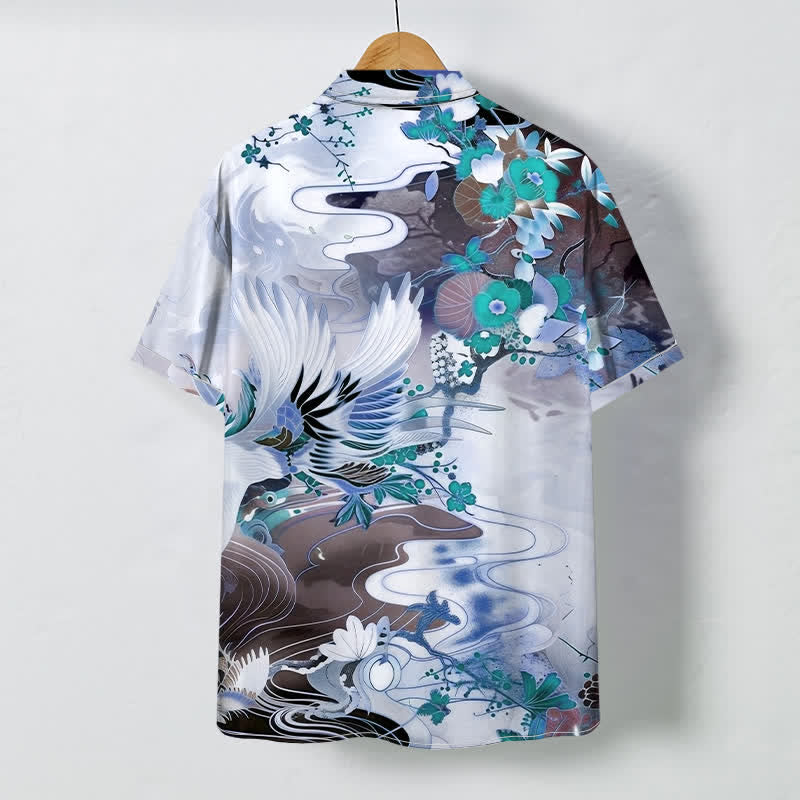 Buddha Stones Crane Wave Floral Pattern Buttons Breathable Men's Short Sleeve Shirt - image 4