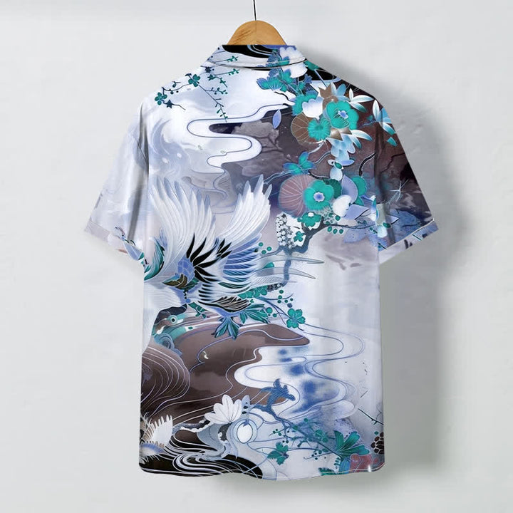 Buddha Stones Crane Wave Floral Pattern Buttons Breathable Men's Short Sleeve Shirt - image 4