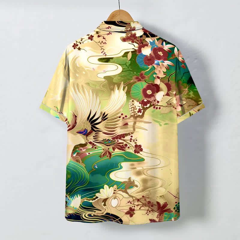 Buddha Stones Crane Wave Floral Pattern Buttons Breathable Men's Short Sleeve Shirt - image 7