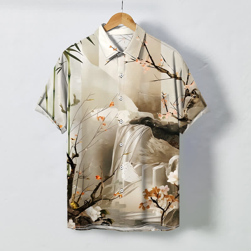 Buddha Stones Ink Landscape Crane Blossom Pattern Buttons Wrinkle-resistant Men's Short Sleeve Shirt - Beige - US/UK/AU48，EU58 (4XL) - image 3