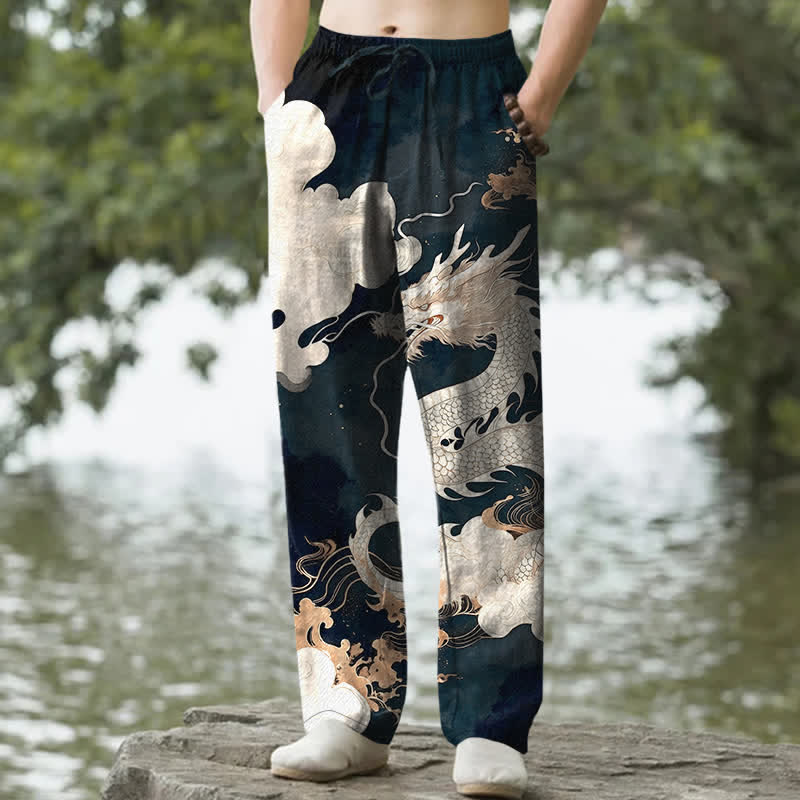 Buddha Stones Cotton Dragon Cloud Pattern Men's Tapered Pants With Pockets - Teal - US/UK/AU50，EU60 (5XL) - image 0