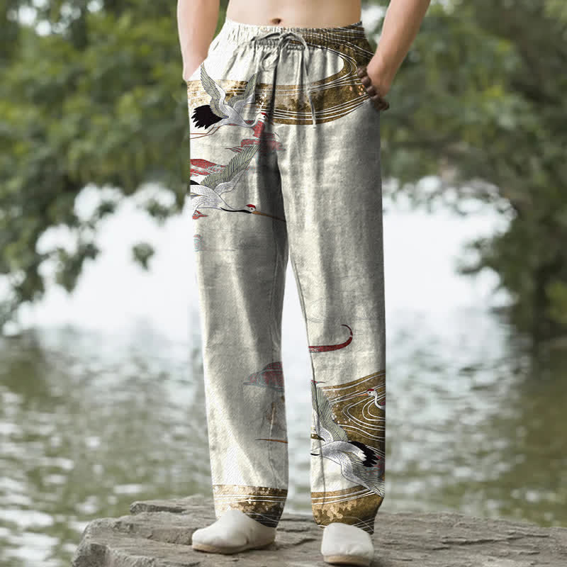 Buddha Stones Cotton White Crane Wave Pattern Men's Tapered Pants With Pockets - Beige - US/UK/AU50，EU60 (5XL) - image 0