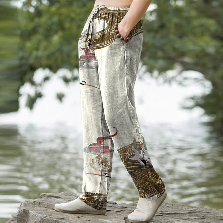 Buddha Stones Cotton White Crane Wave Pattern Men's Tapered Pants With Pockets - image 1