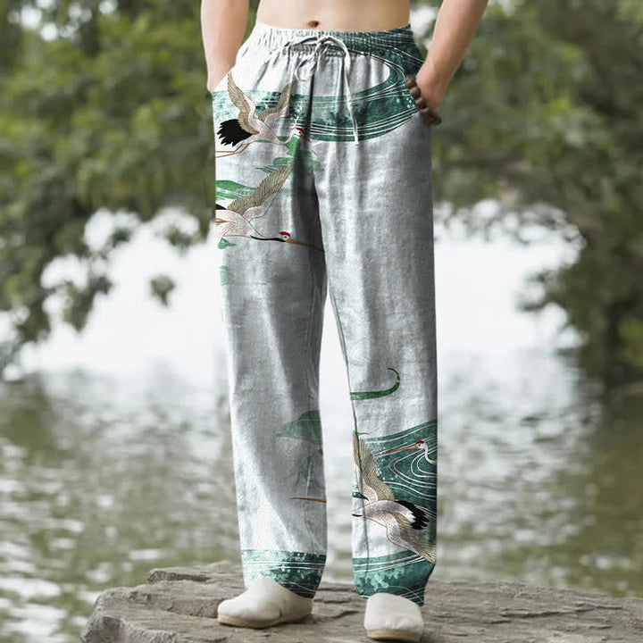 Buddha Stones Cotton White Crane Wave Pattern Men's Tapered Pants With Pockets - image 6