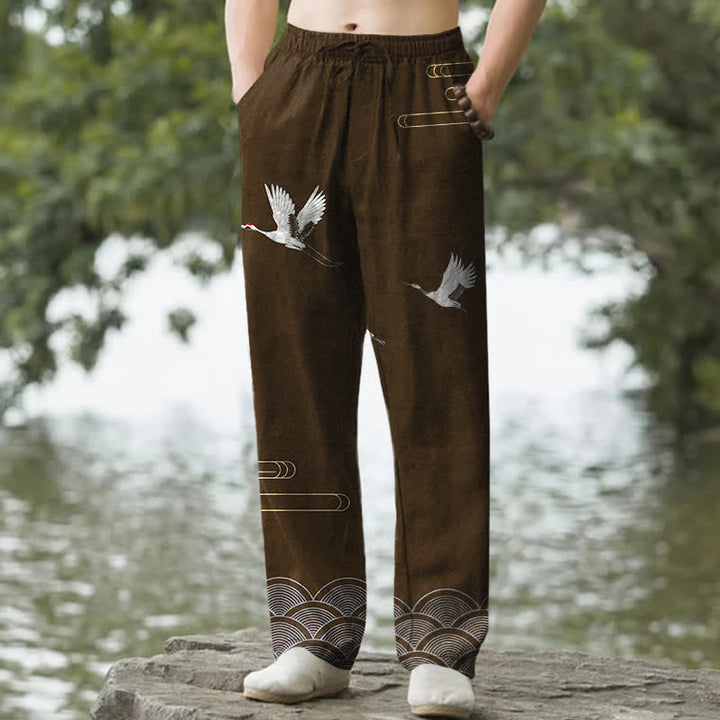 Buddha Stones Cotton White Crane Wave Pattern Men's Tapered Pants With Pockets - SaddleBrown - US/UK/AU50，EU60 (5XL) - image 6