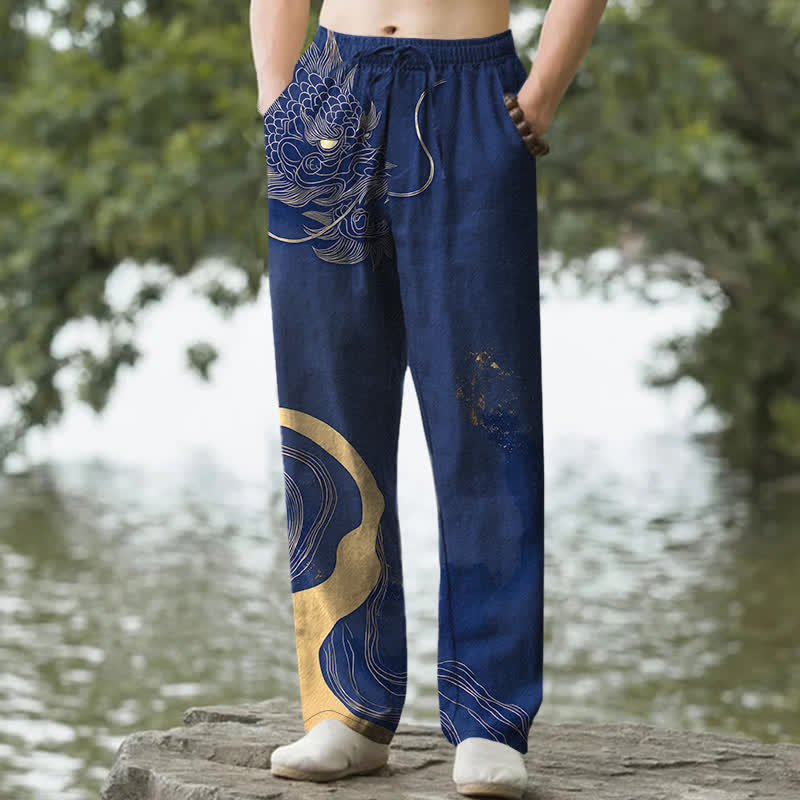 Buddha Stones Cotton Golden Dragon Wave Pattern Men's Tapered Pants With Pockets - Navy - US/UK/AU50，EU60 (5XL) - image 4