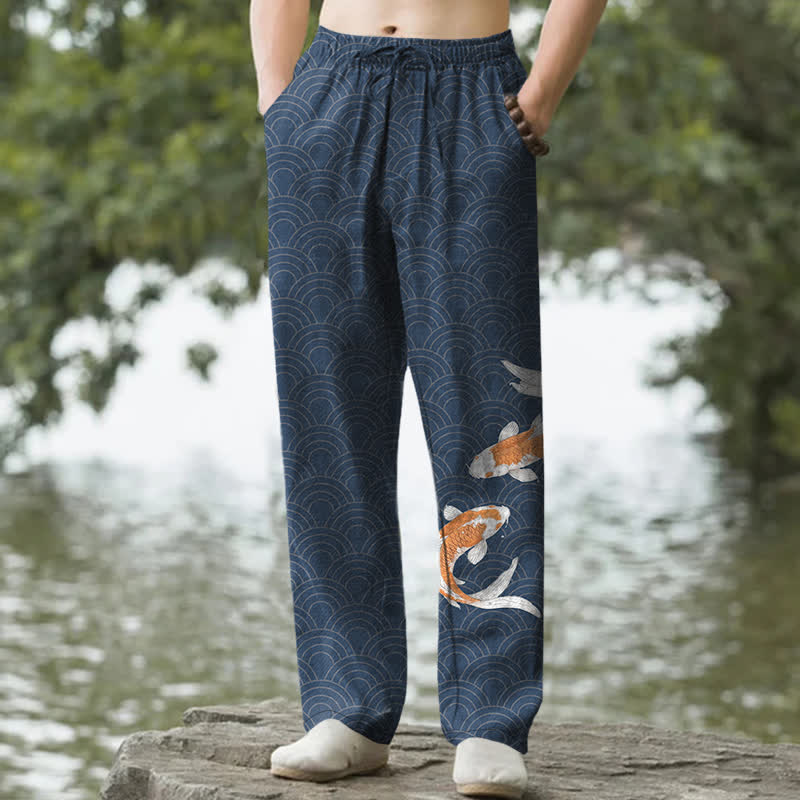 Buddha Stones Cotton Koi Fish Wave Pattern Men's Tapered Pants With Pockets - Navy - US/UK/AU50，EU60 (5XL) - image 0