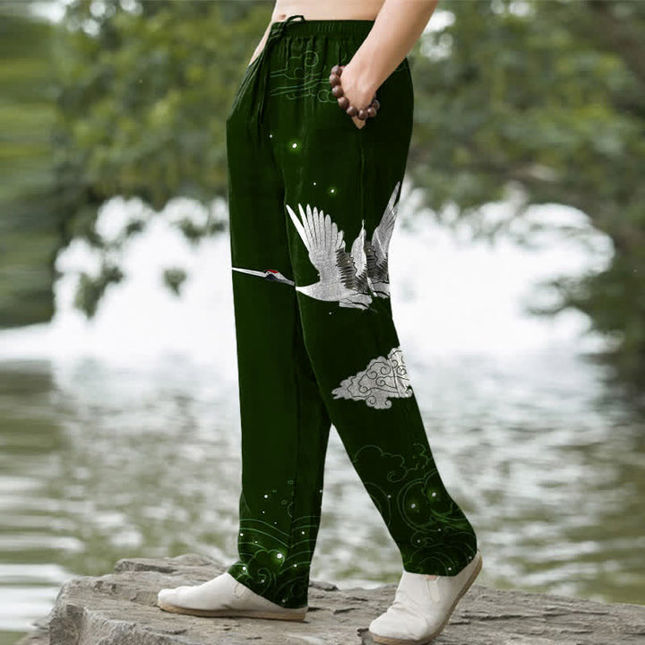 Buddha Stones Cotton Flying White Crane White Wave Pattern Men's Tapered Pants With Pockets - image 1