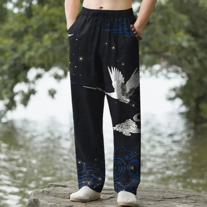Buddha Stones Cotton Flying White Crane White Wave Pattern Men's Tapered Pants With Pockets - Black - US/UK/AU50，EU60 (5XL) - image 4
