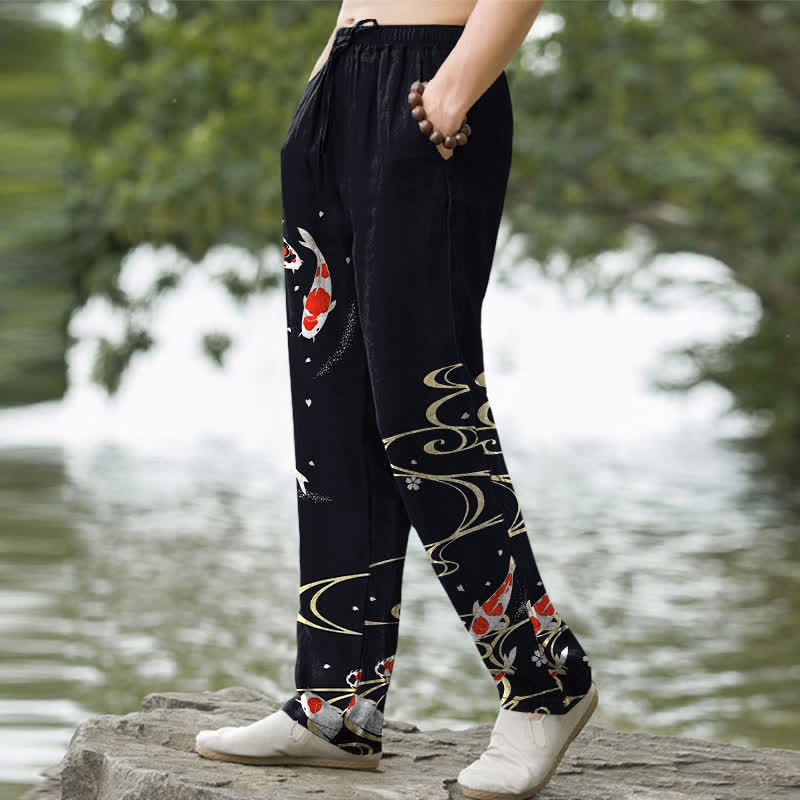 Buddha Stones Cotton Red White Koi Fish Water Ripple Pattern Men's Tapered Pants With Pockets - image 5