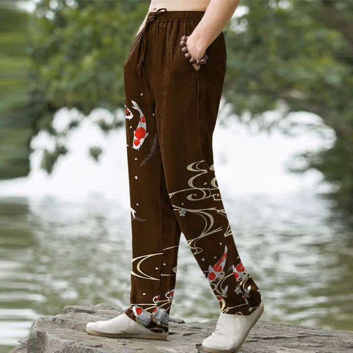 Buddha Stones Cotton Red White Koi Fish Water Ripple Pattern Men's Tapered Pants With Pockets - image 7