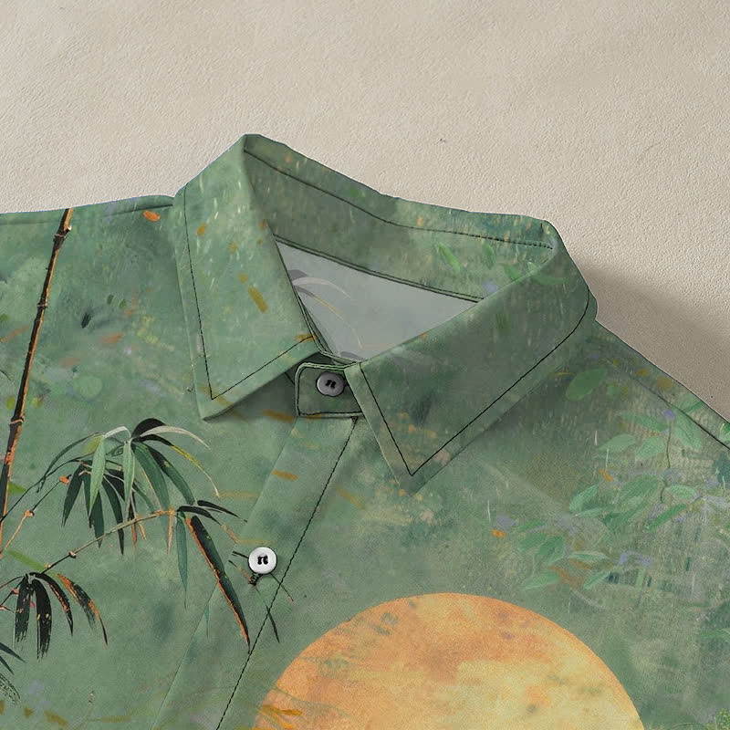 Buddha Stones Bamboo Moon Birds Pattern Buttons Breathable Men's Short Sleeve Shirt - image 2