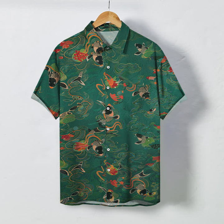 Buddha Stones Koi Fish Wave Clouds Pattern Buttons Breathable Men's Short Sleeve Shirt - SeaGreen - US/UK/AU48，EU58 (4XL) - image 0