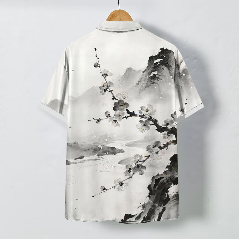 Buddha Stones Ink Landscape Plum Blossom Pattern Buttons Wrinkle-resistant Men's Short Sleeve Shirt - image 1