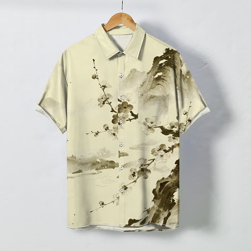 Buddha Stones Ink Landscape Plum Blossom Pattern Buttons Wrinkle-resistant Men's Short Sleeve Shirt - Cornsilk - US/UK/AU48，EU58 (4XL) - image 3