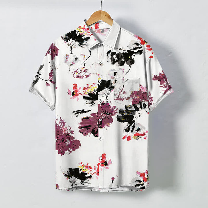 Buddha Stones Watercolor Floral Pattern Buttons Breathable Men's Short Sleeve Shirt - White - US/UK/AU48，EU58 (4XL) - image 0