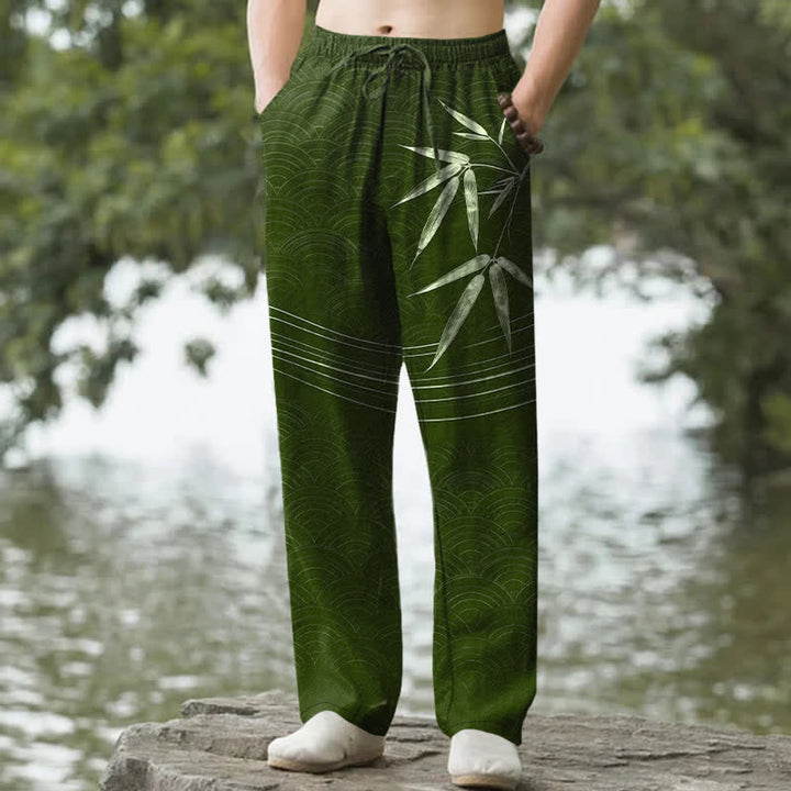 Buddha Stones Cotton Bamboo Leaf Pattern Men's Tapered Pants With Pockets - ForestGreen - US/UK/AU50，EU60 (5XL) - image 0