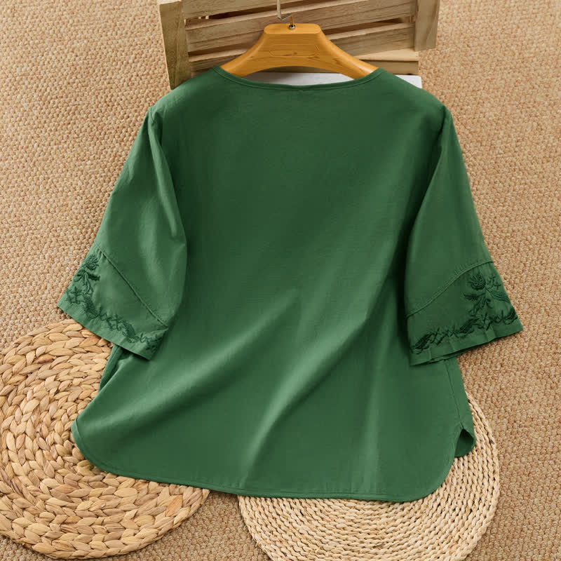 Buddha Stones Summer Vintage Embroidery V-Neck Button-Up Floral Women's Elbow-Length Sleeve Shirts - image 1