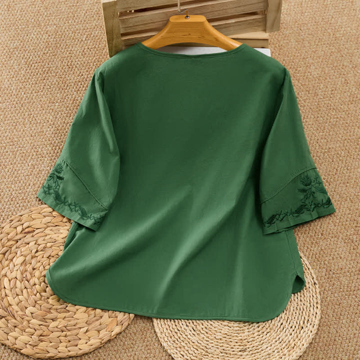 Buddha Stones Summer Vintage Embroidery V-Neck Button-Up Floral Women's Elbow-Length Sleeve Shirts - image 1