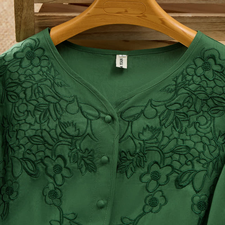 Buddha Stones Summer Vintage Embroidery V-Neck Button-Up Floral Women's Elbow-Length Sleeve Shirts - image 2