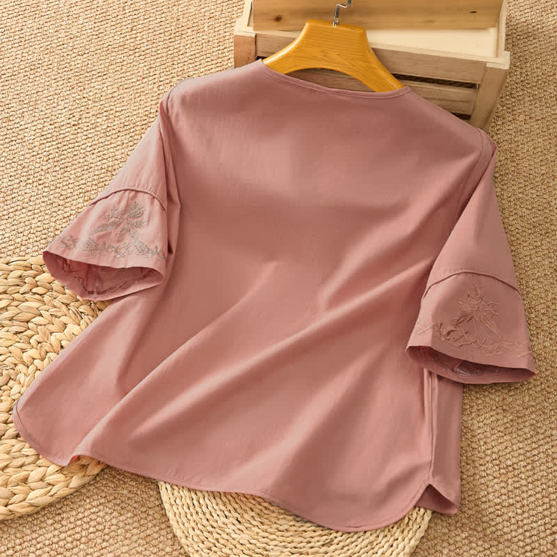 Buddha Stones Summer Vintage Embroidery V-Neck Button-Up Floral Women's Elbow-Length Sleeve Shirts - image 8