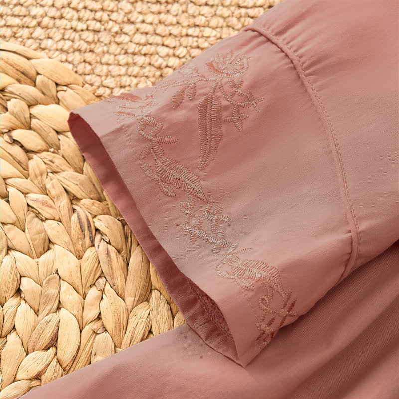 Buddha Stones Summer Vintage Embroidery V-Neck Button-Up Floral Women's Elbow-Length Sleeve Shirts - image 12