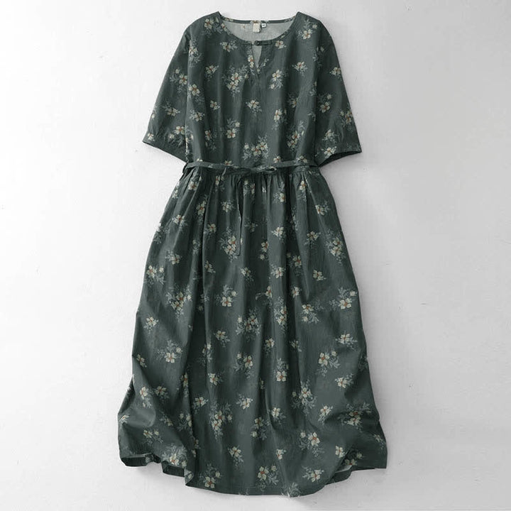 Buddha Stones Summer Vintage Drawstring Gray Floral Women's Short Sleeve Dresses With Pocket - DarkSlateGray - US12，UK/AU16，EU44 (2XL) - image 0