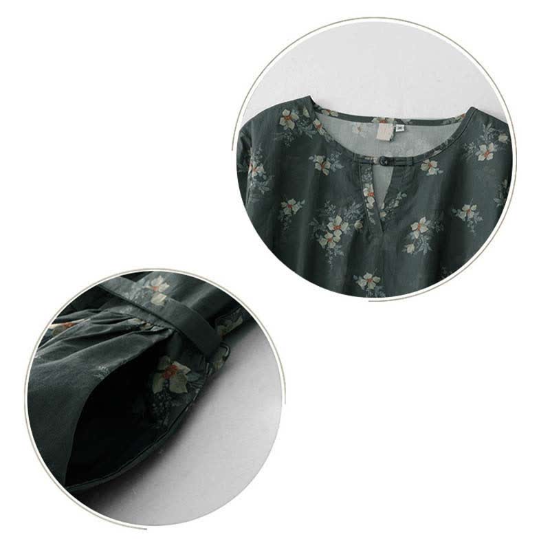 Buddha Stones Summer Vintage Drawstring Gray Floral Women's Short Sleeve Dresses With Pocket - image 13