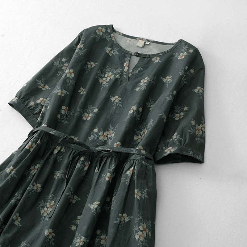 Buddha Stones Summer Vintage Drawstring Gray Floral Women's Short Sleeve Dresses With Pocket - image 2