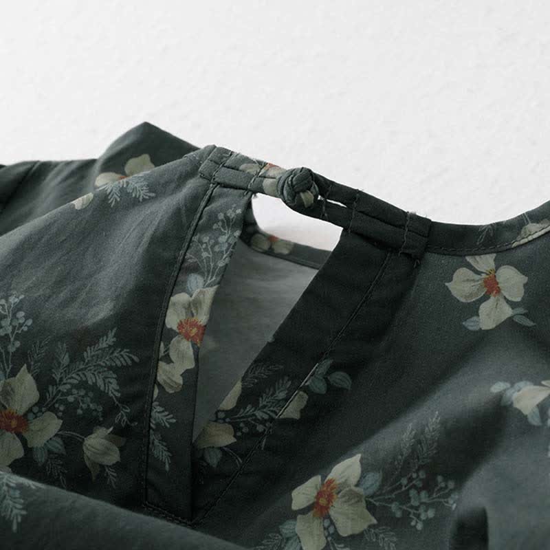 Buddha Stones Summer Vintage Drawstring Gray Floral Women's Short Sleeve Dresses With Pocket - image 4