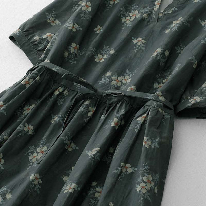 Buddha Stones Summer Vintage Drawstring Gray Floral Women's Short Sleeve Dresses With Pocket - image 6