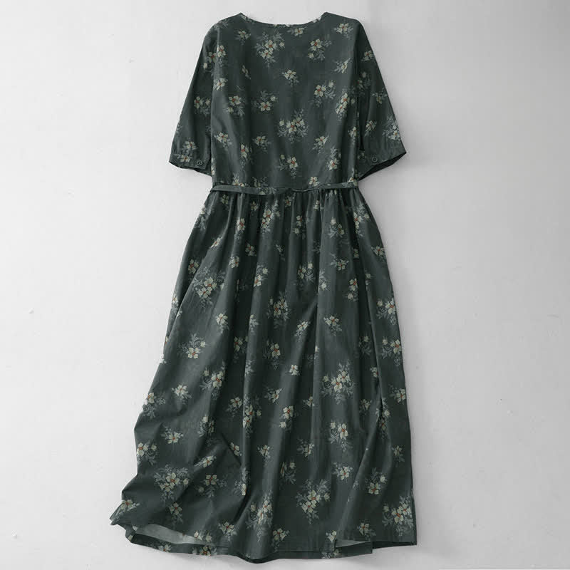 Buddha Stones Summer Vintage Drawstring Gray Floral Women's Short Sleeve Dresses With Pocket - image 1