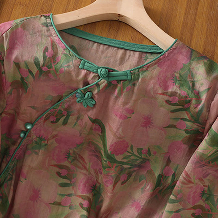 Buddha Stones Summer Tang Style Mandarin Collar Frog Button Floral Women's Three-Quarter Sleeve Shirts - image 2