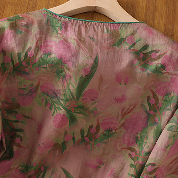 Buddha Stones Summer Tang Style Mandarin Collar Frog Button Floral Women's Three-Quarter Sleeve Shirts - image 3