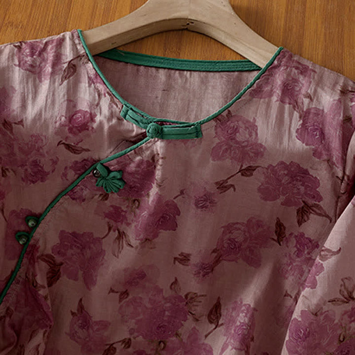 Buddha Stones Summer Tang Style Mandarin Collar Frog Button Floral Women's Three-Quarter Sleeve Shirts - image 9