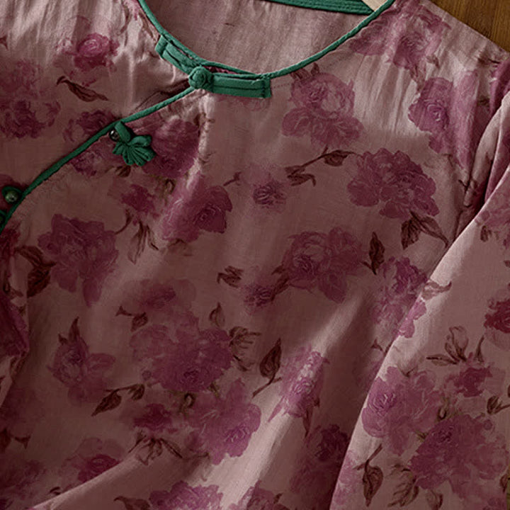 Buddha Stones Summer Tang Style Mandarin Collar Frog Button Floral Women's Three-Quarter Sleeve Shirts - image 12