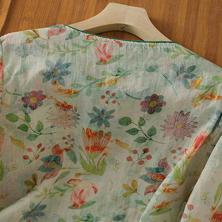 Buddha Stones Summer Tang Style Mandarin Collar Frog Button Floral Women's Three-Quarter Sleeve Shirts - image 18